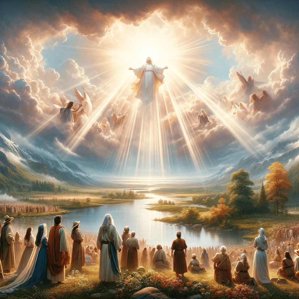 A majestic, serene scene that encapsulates the essence of "Spreading God's Glory" in a biblical context. Visualize a vast, ethereal landscape, bathed in a soft, divine light. In the foreground, a group of diverse people from different eras and cultures, united, looking upwards in awe and adoration. Above them, the sky opens up with radiant beams of light piercing through the clouds, symbolizing divine presence and grace. The setting is peaceful, with lush, vibrant greenery and a tranquil river meandering through the landscape, reflecting the heavenly light. The mood is one of reverence and hope, capturing a timeless moment of spiritual connection and universal unity. The composition should balance the grandeur of the divine with the humble appreciation of the people, creating a harmonious and uplifting scene.