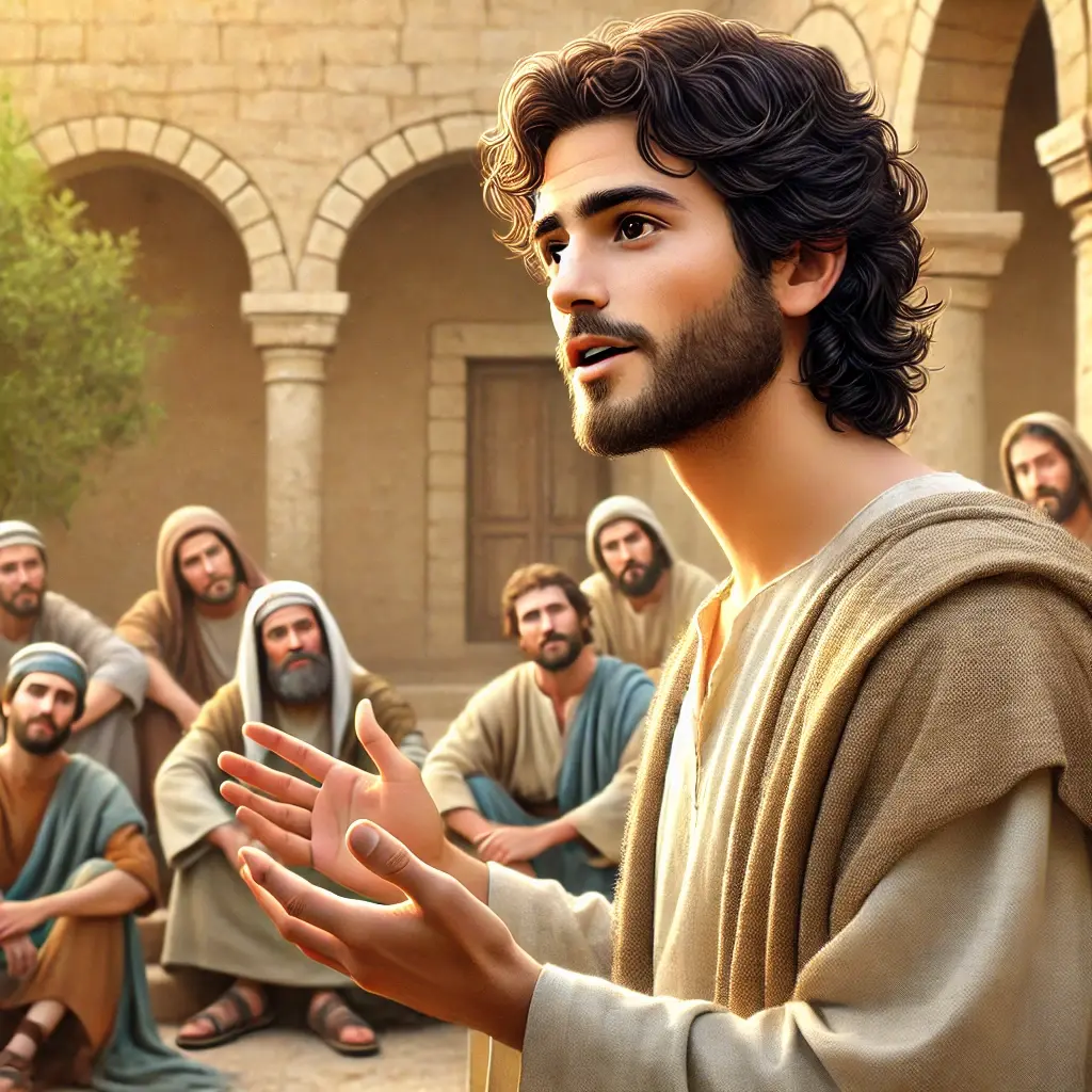 John the Disciple of Christ Peter the disciple fishing in the Sea of Galilee at sunrise, wearing a beige tunic and pulling a net with strong arms, biblical setting with boats in the background.