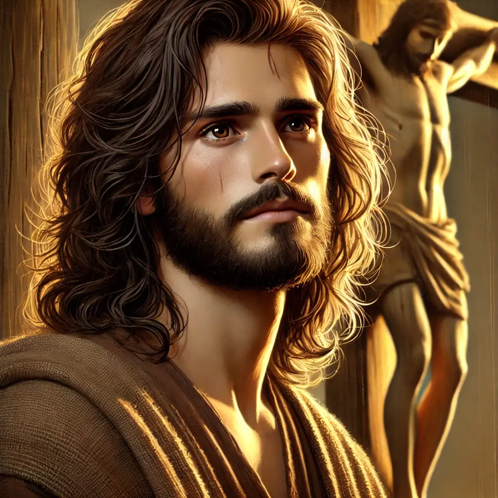 John at the Crucifixion of Christ John the Disciple standing near the cross with a sorrowful expression and golden light