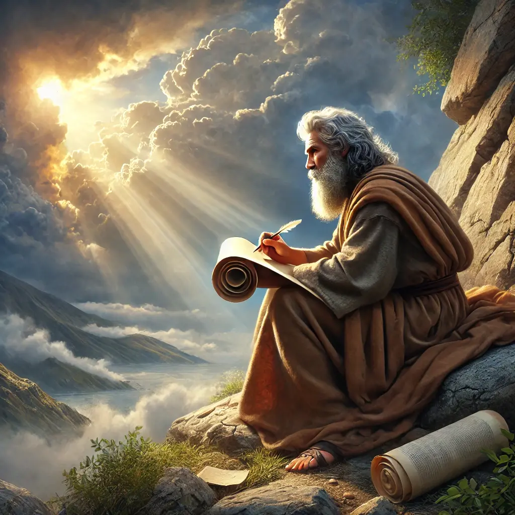 John the Disciple Writing Revelation on Patmos John the Disciple writing Revelation on a scroll while seated on a mountain with divine light shining through clouds