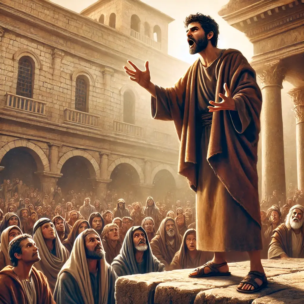 Peter the Disciple Preaching in Jerusalem After Pentecost Peter the disciple preaching to a large crowd in Jerusalem, standing on stone steps with hands raised, wearing a brown cloak, with early church followers listening in awe.