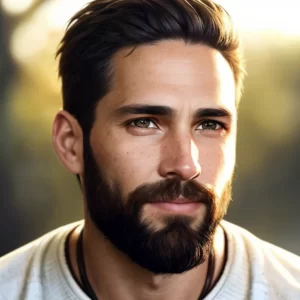 Peter the Disciple Portrait – Close Up Close-up portrait of Peter the disciple with soft warm sunlight, showing brown eyes, short dark hair, and beard, inspired by biblical descriptions.