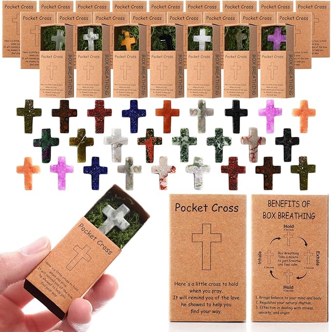 Pocket Cross Gift Box – Natural Stone Crystal Prayer Tokens (Set of 5)